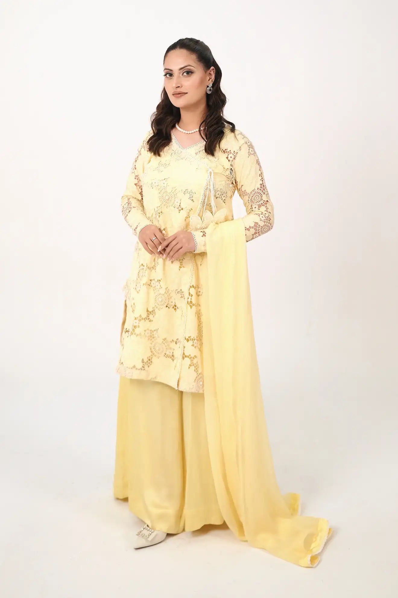Lemon Lace – Elegant 3PC Stitched Cotton & Silk Suit