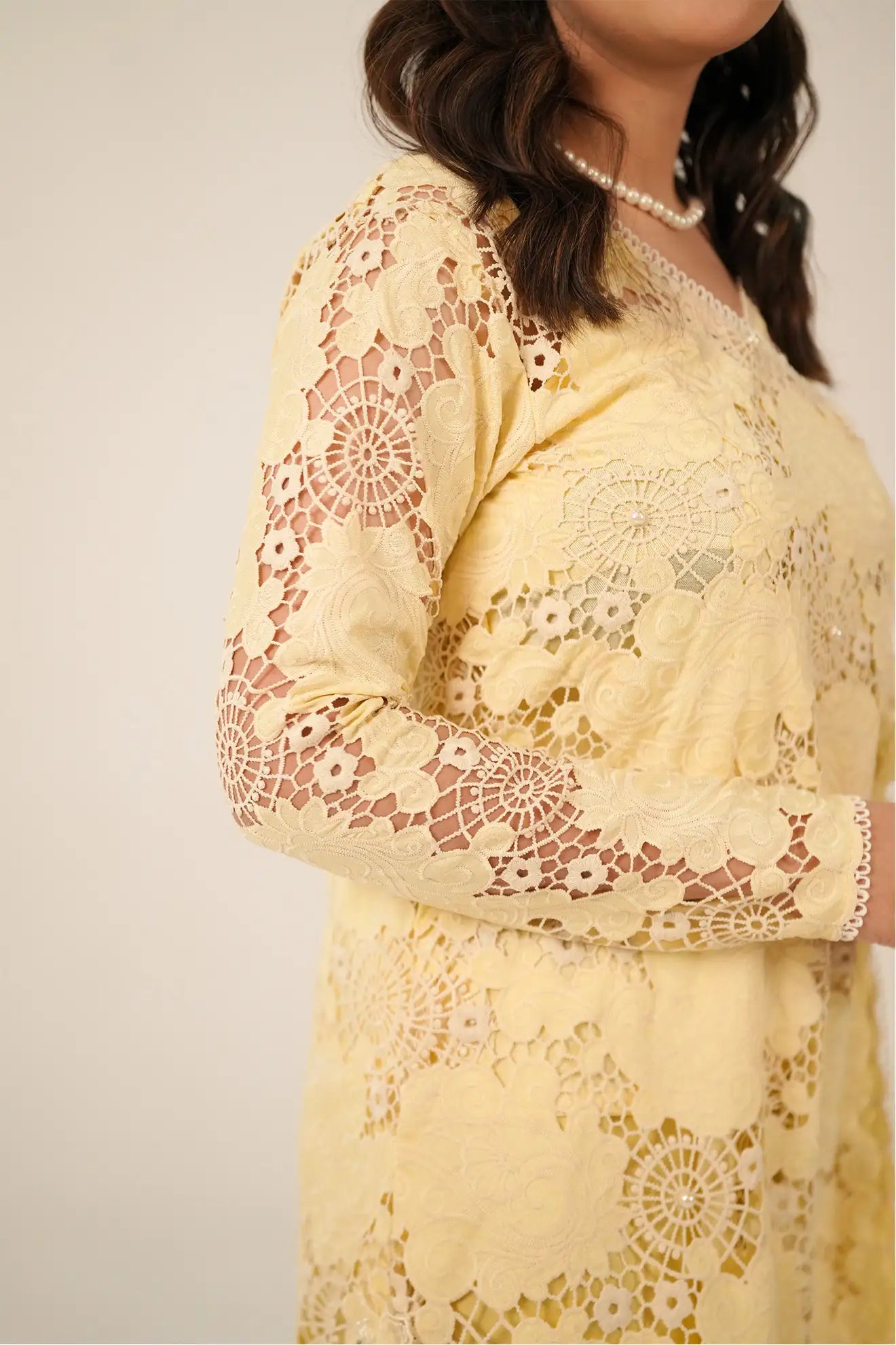 Lemon Lace – Elegant 3PC Stitched Cotton & Silk Suit