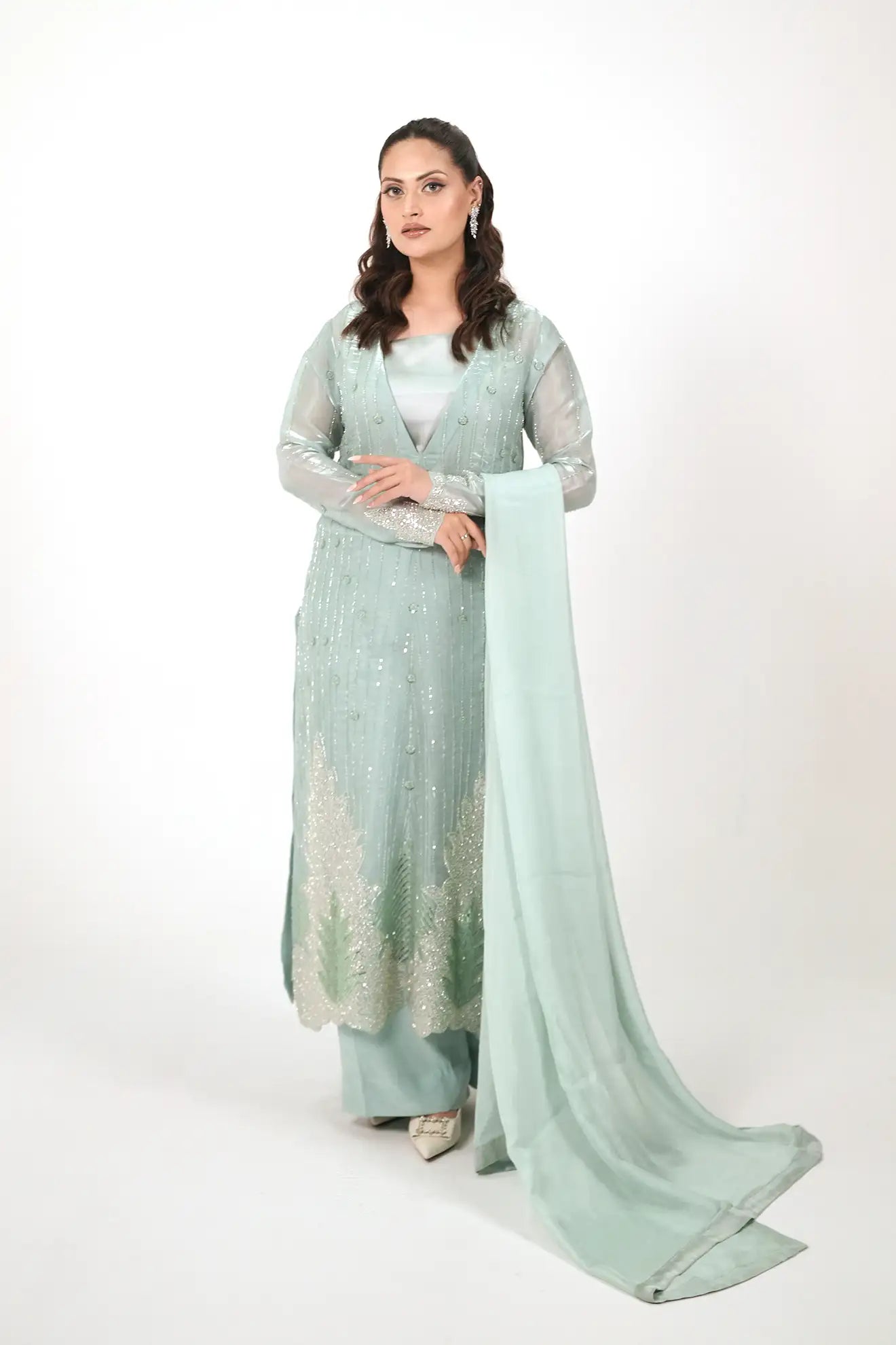 Moonlit Sage – Luxury 3PC Stitched Sheesha Silk Suit