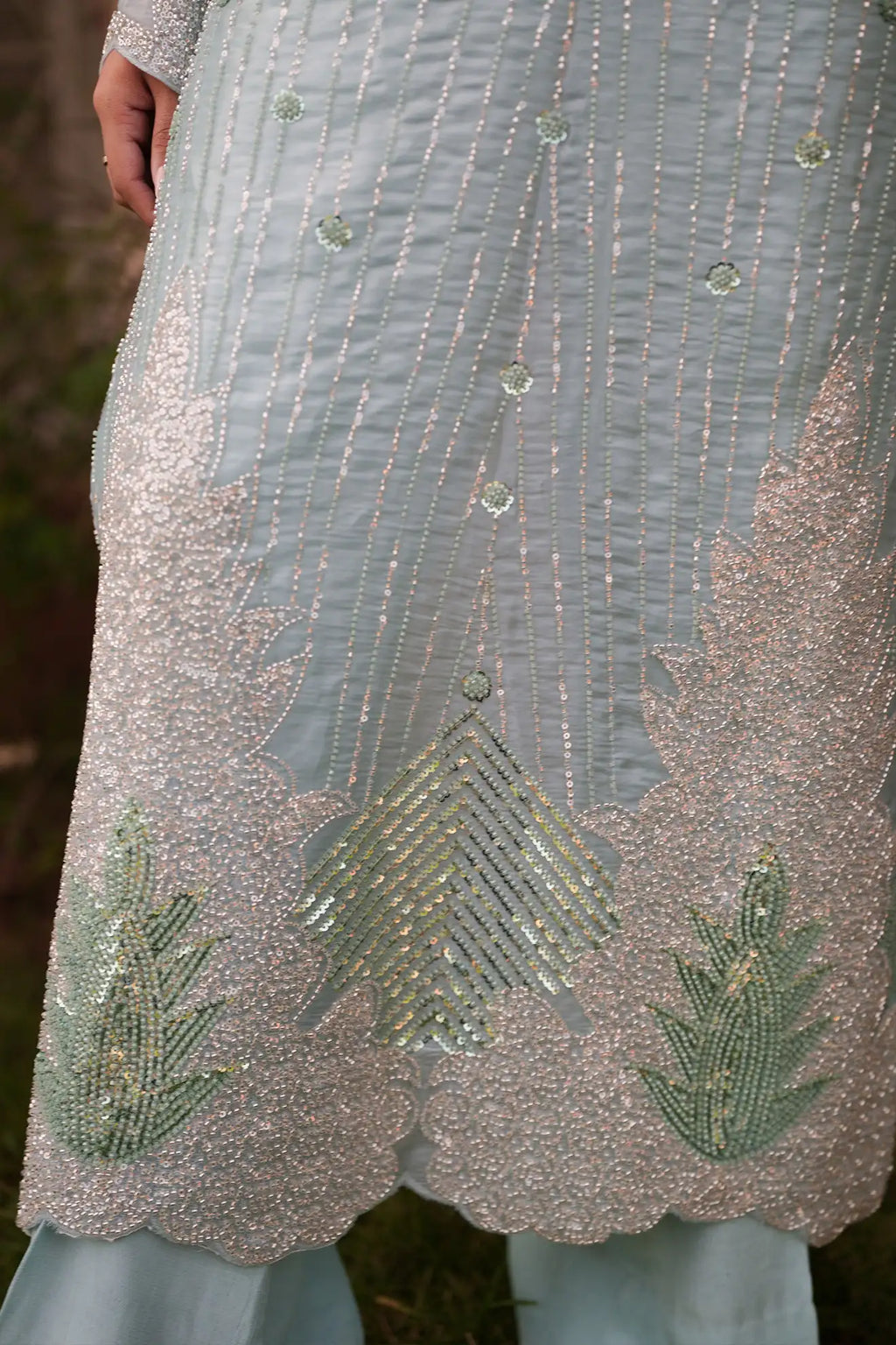 Moonlit Sage – Luxury 3PC Stitched Sheesha Silk Suit