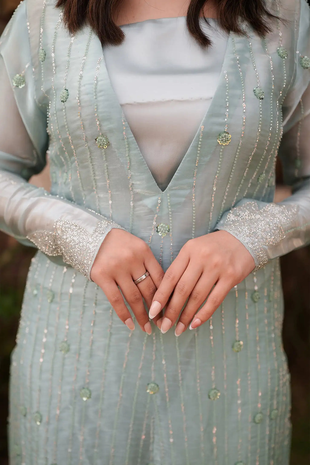 Moonlit Sage – Luxury 3PC Stitched Sheesha Silk Suit