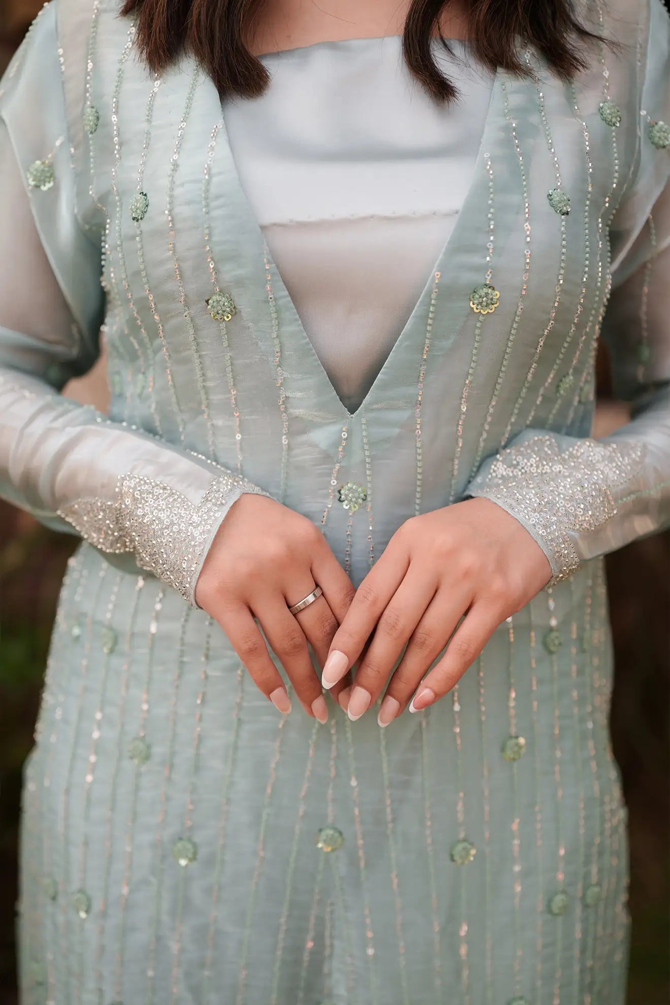 Moonlit Sage – Luxury 3PC Stitched Sheesha Silk Suit