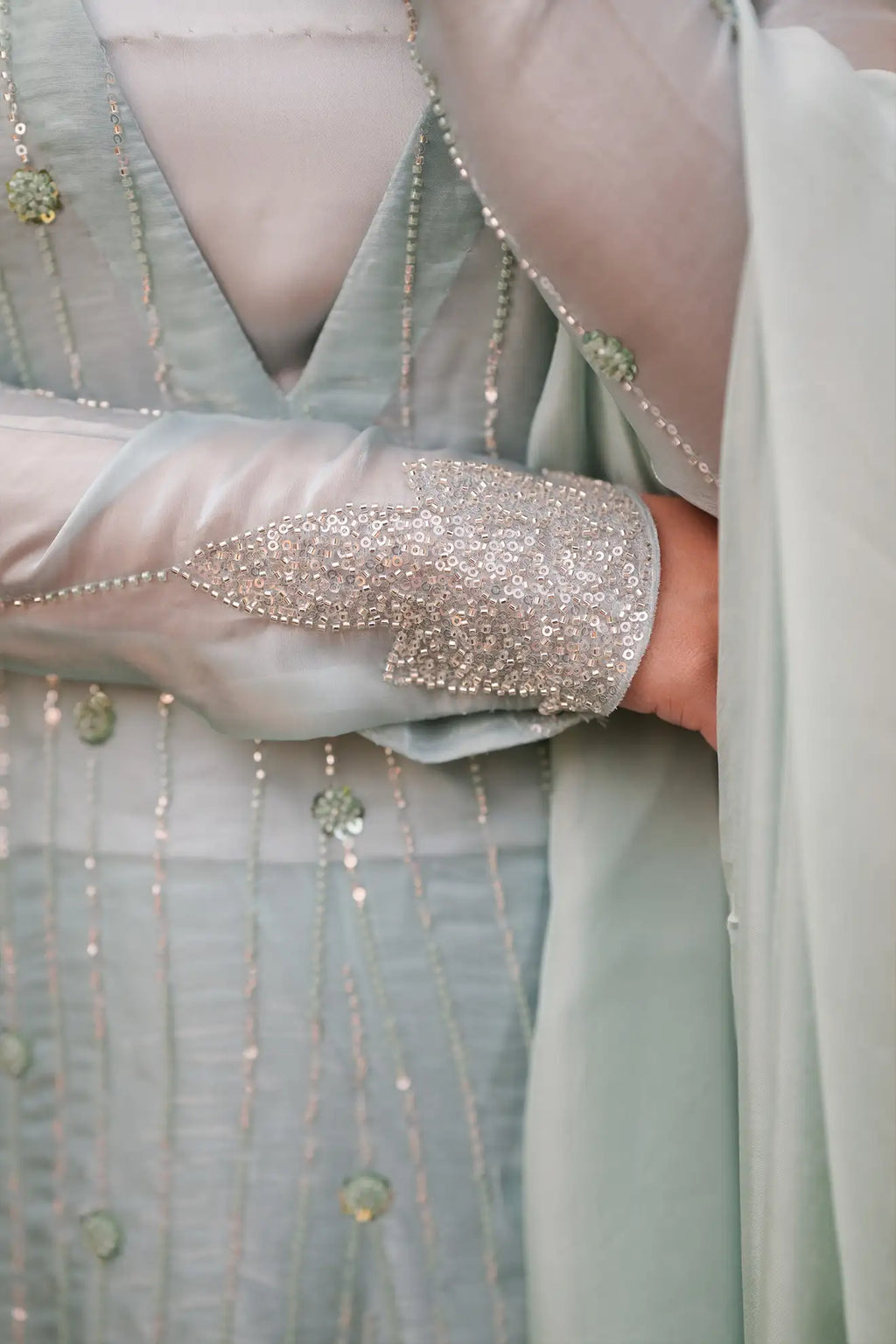 Moonlit Sage – Luxury 3PC Stitched Sheesha Silk Suit