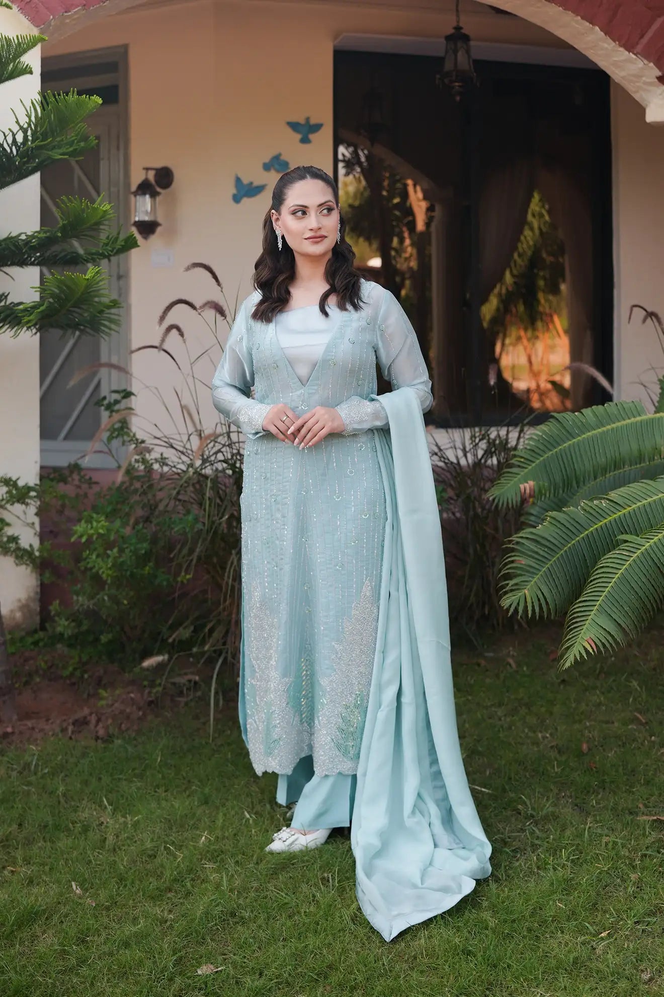 Moonlit Sage – Luxury 3PC Stitched Sheesha Silk Suit