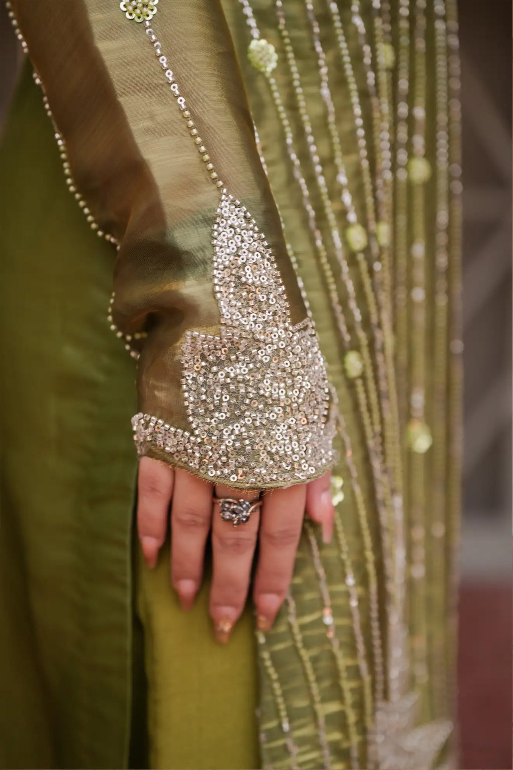 Olive Aurora – Premium 3PC Stitched Sheesha Silk Outfit