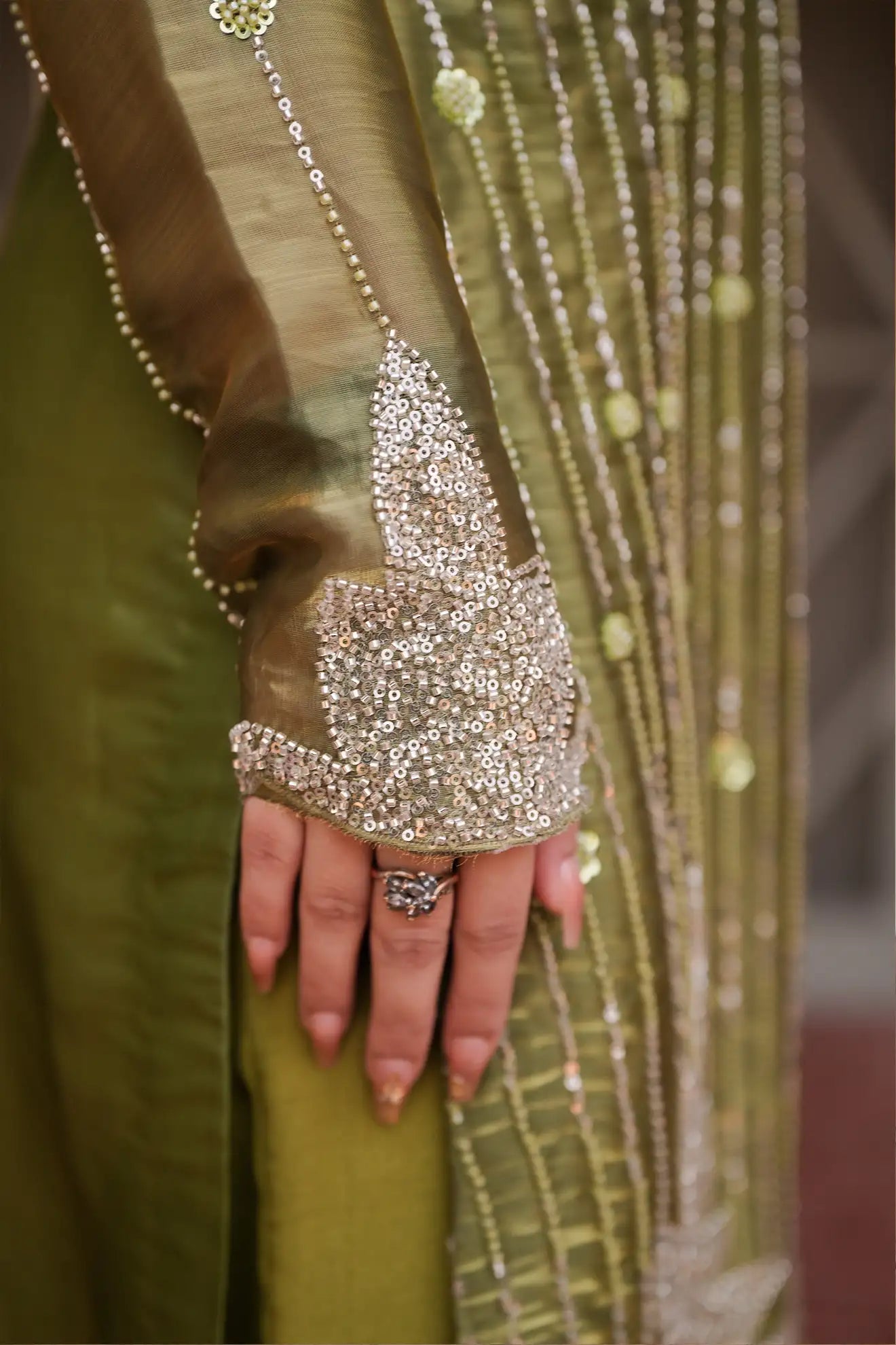 Olive Aurora – Premium 3PC Stitched Sheesha Silk Outfit