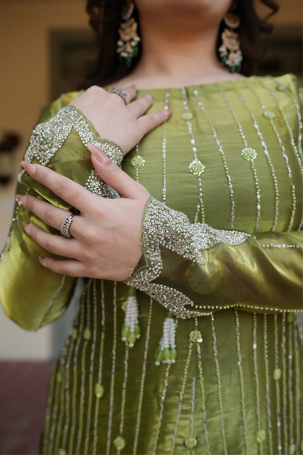 Olive Aurora – Premium 3PC Stitched Sheesha Silk Outfit