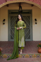 Olive Aurora – Premium 3PC Stitched Sheesha Silk Outfit