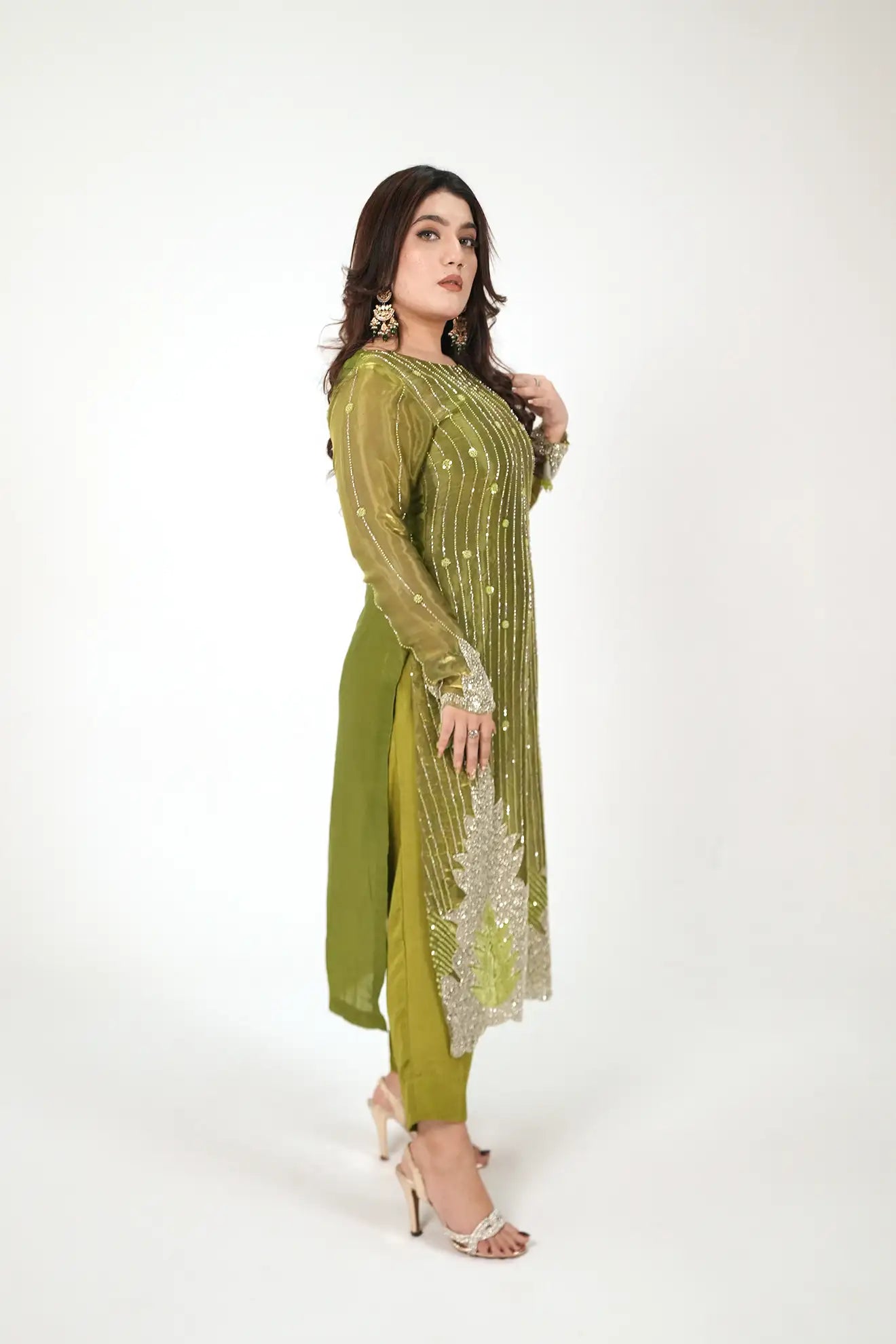 Olive Aurora – Premium 3PC Stitched Sheesha Silk Outfit