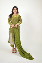 Olive Aurora – Premium 3PC Stitched Sheesha Silk Outfit