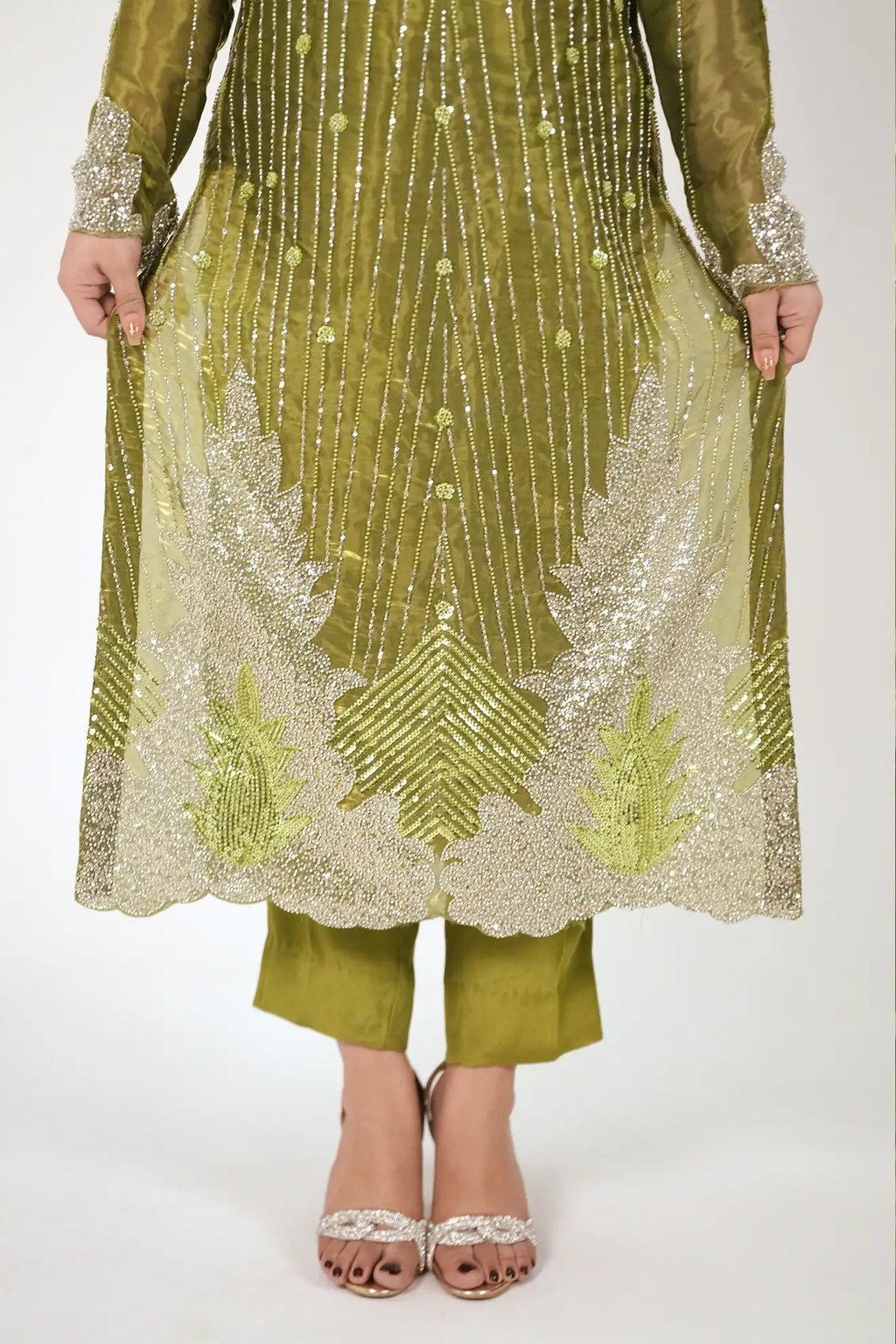 Olive Aurora – Premium 3PC Stitched Sheesha Silk Outfit