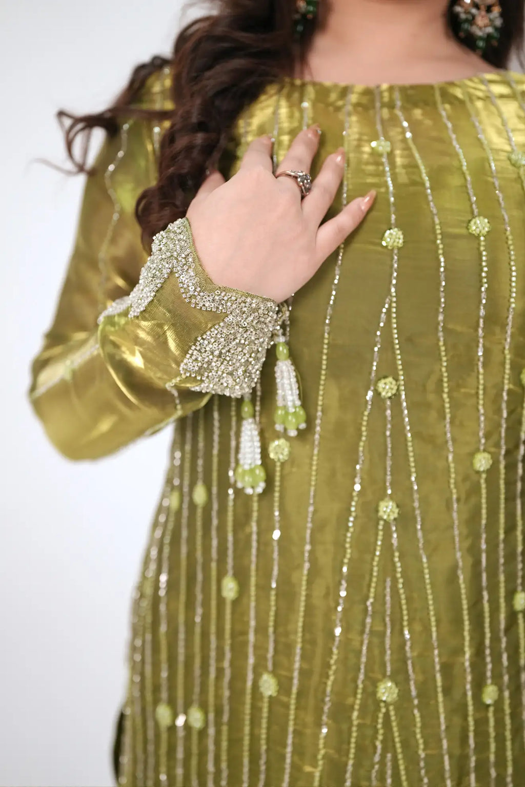 Olive Aurora – Premium 3PC Stitched Sheesha Silk Outfit