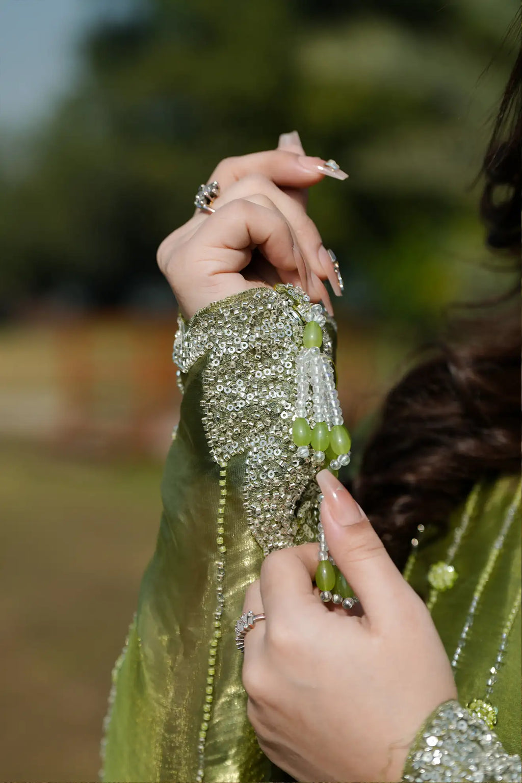 Olive Aurora – Premium 3PC Stitched Sheesha Silk Outfit