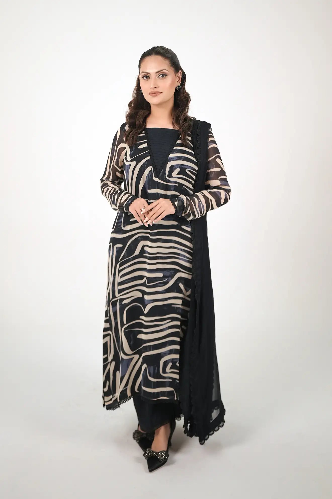 Shadow Lines Luxe – 3PC Abstract Printed Chiffon Suit