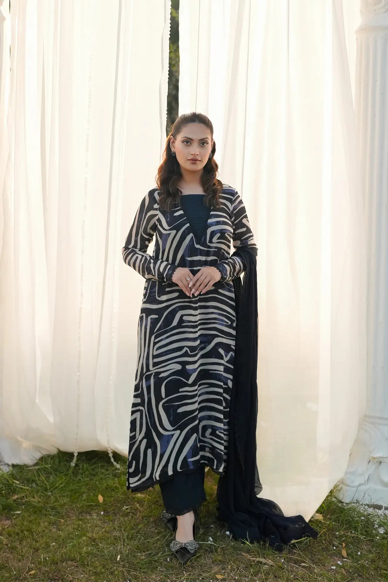 Shadow Lines Luxe – 3PC Abstract Printed Chiffon Suit