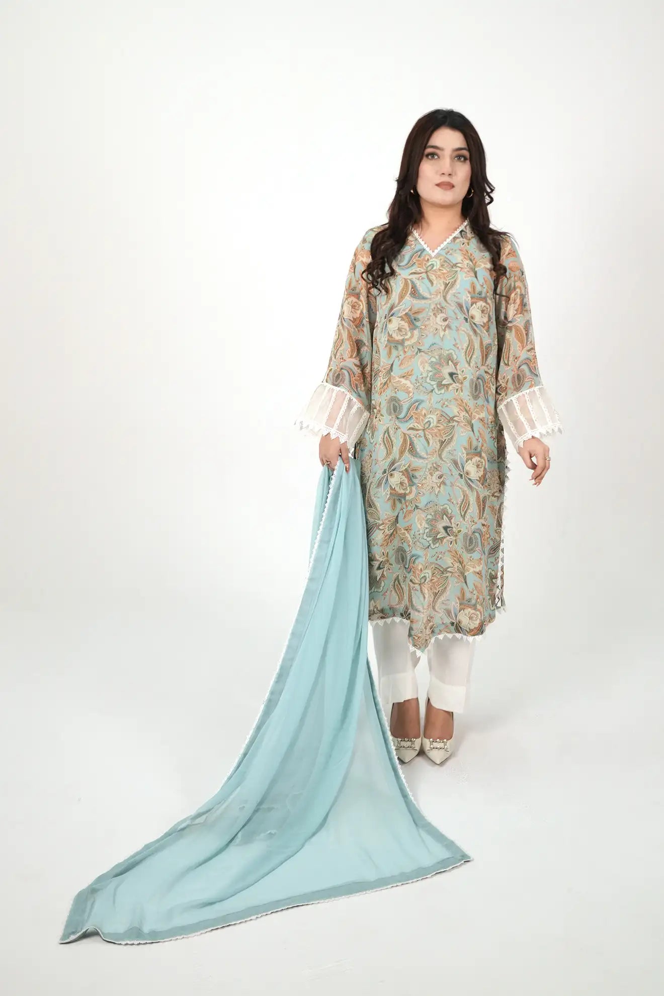 Aqua Breeze Harmony – 3PC Pastel Printed Chiffon Suit