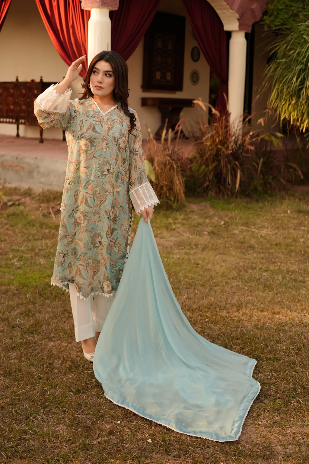 Aqua Breeze Harmony – 3PC Pastel Printed Chiffon Suit